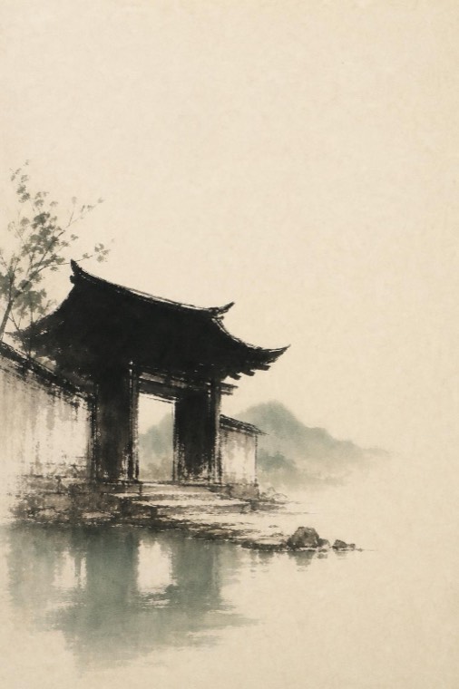 Ink wash page: a temple gate by a pond