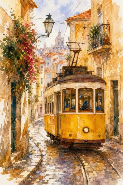 Watercolor ticket page: a yellow tram