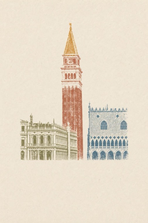The pressed page: a three-color stamp print of the Venice waterfront